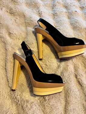 Christian Louboutin Black and Nude Platform Slingback Heels